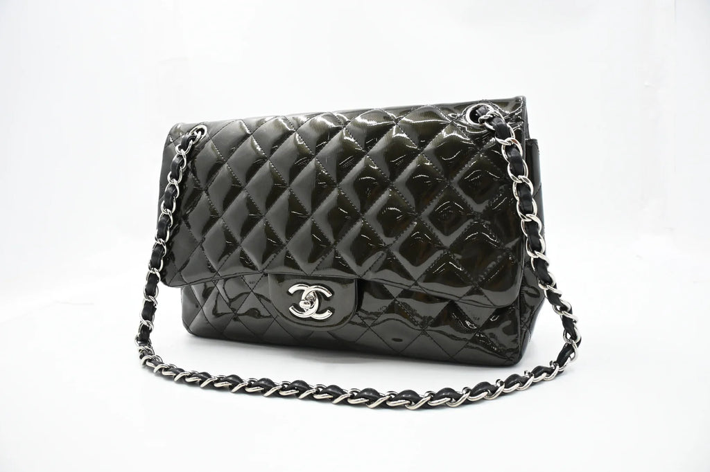 Chanel Jumbo Flap in Dark Green Striated Patent Leather