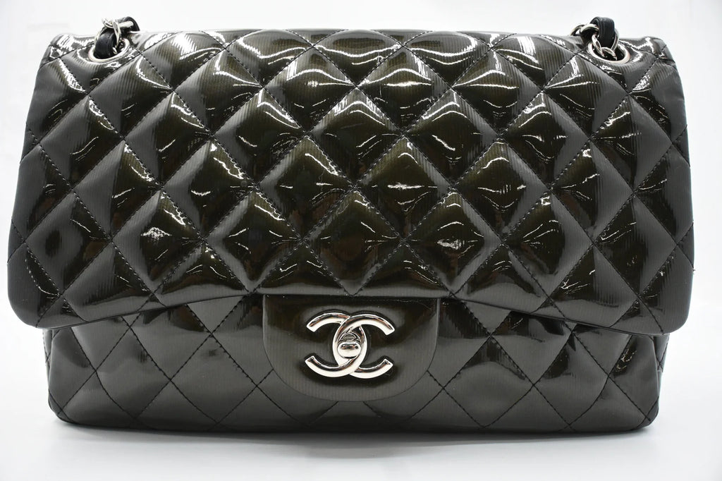 Chanel Jumbo Flap in Dark Green Striated Patent Leather