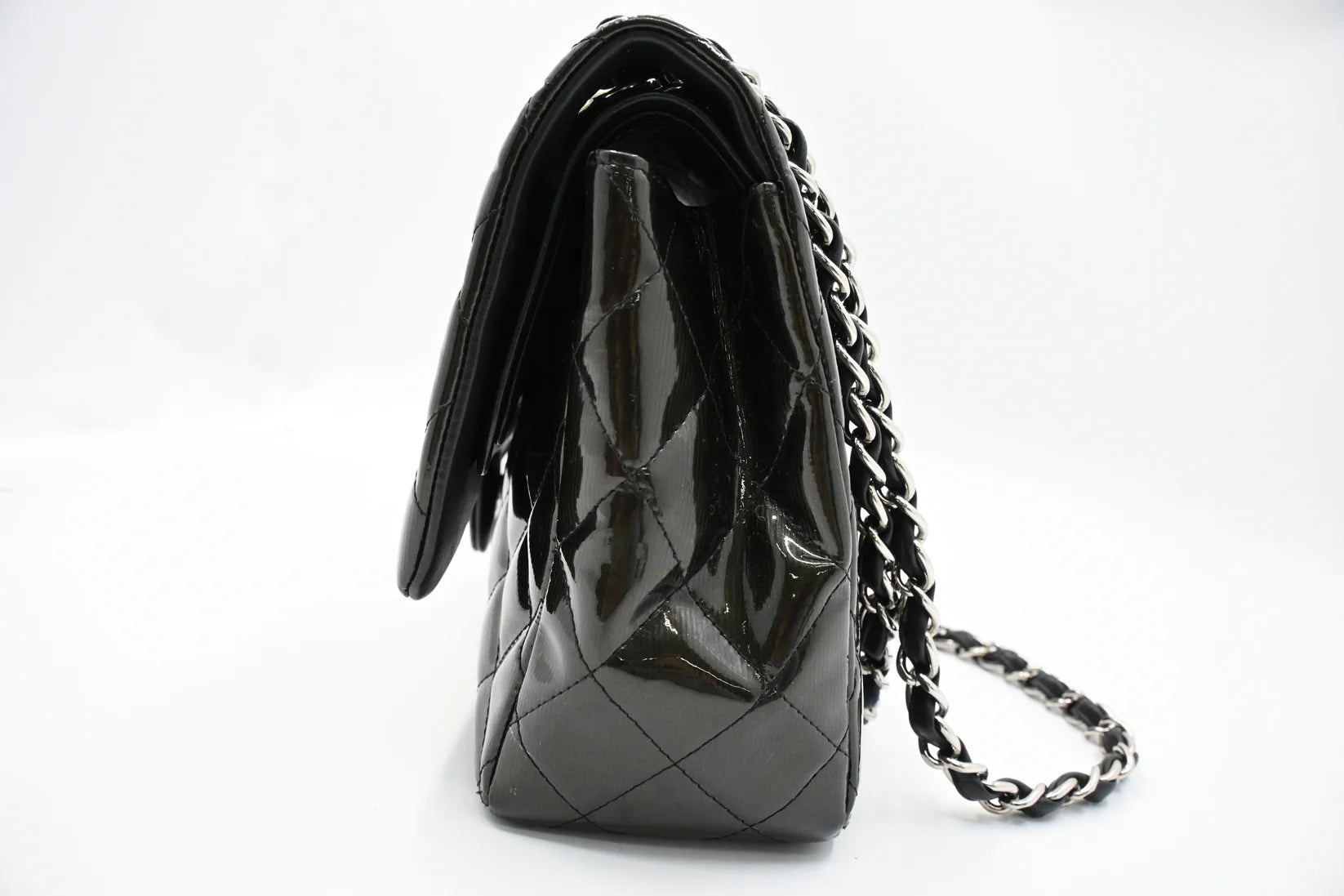 Chanel Jumbo Flap in Dark Green Striated Patent Leather