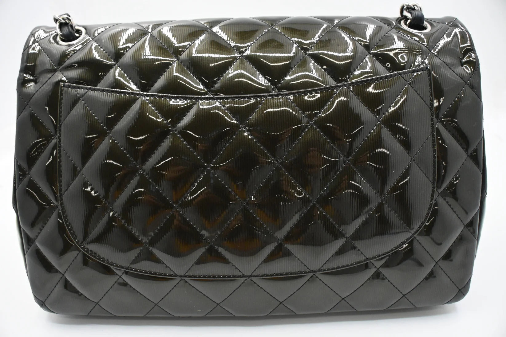 Chanel Jumbo Flap in Dark Green Striated Patent Leather