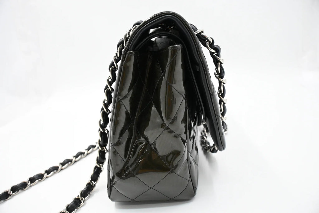 Chanel Jumbo Flap in Dark Green Striated Patent Leather