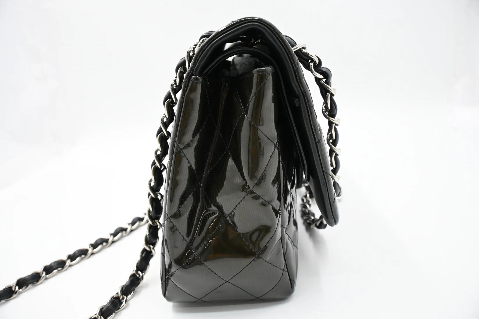 Chanel Jumbo Flap in Dark Green Striated Patent Leather