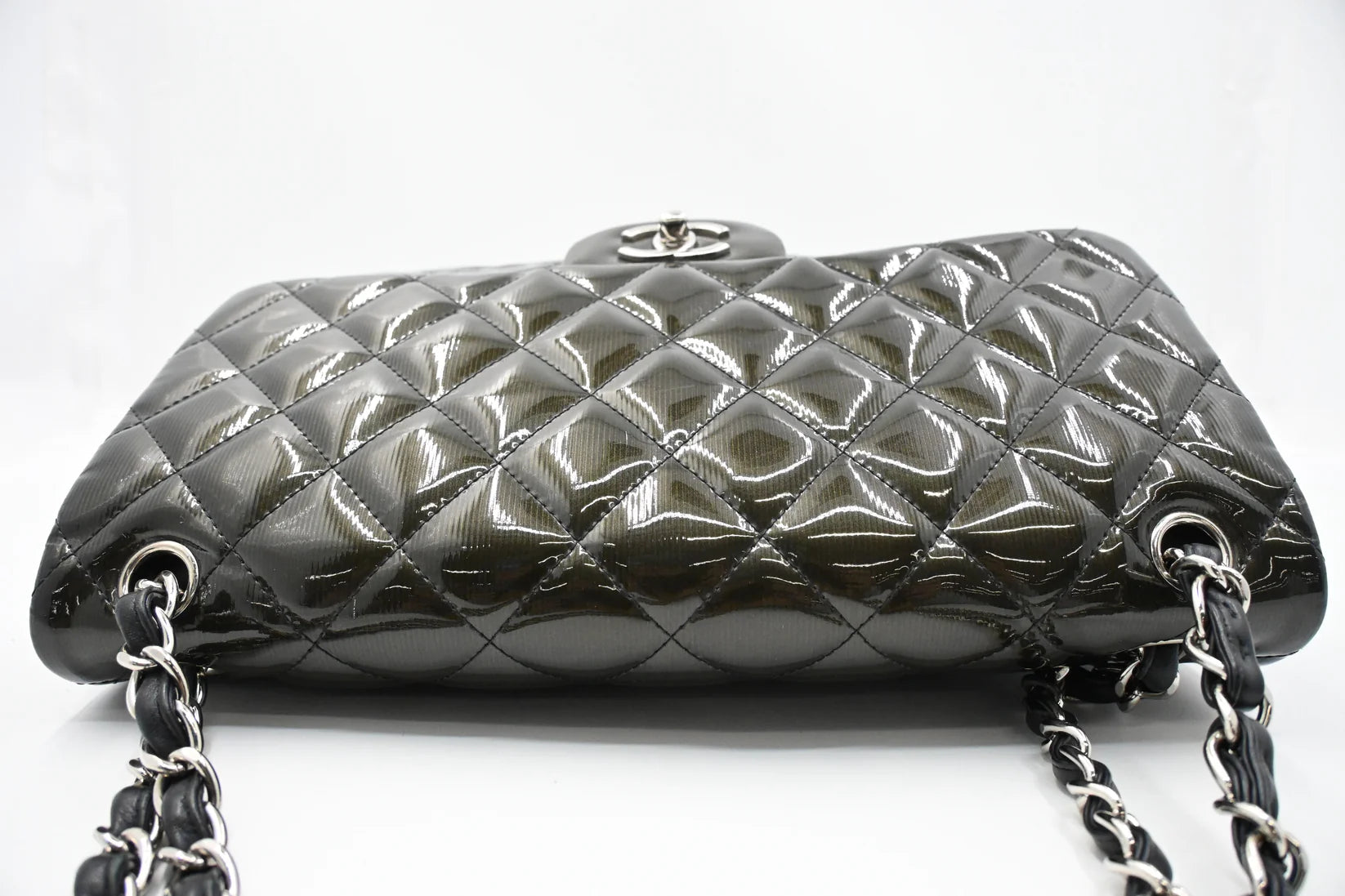 Chanel Jumbo Flap in Dark Green Striated Patent Leather