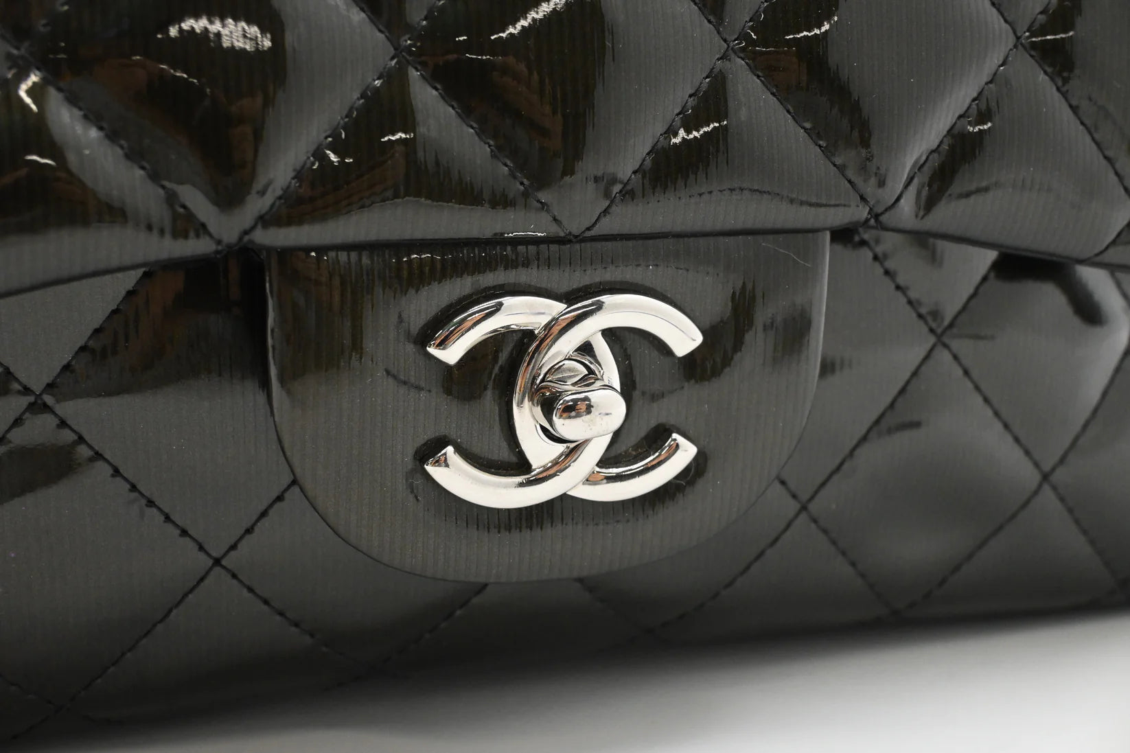 Chanel Jumbo Flap in Dark Green Striated Patent Leather