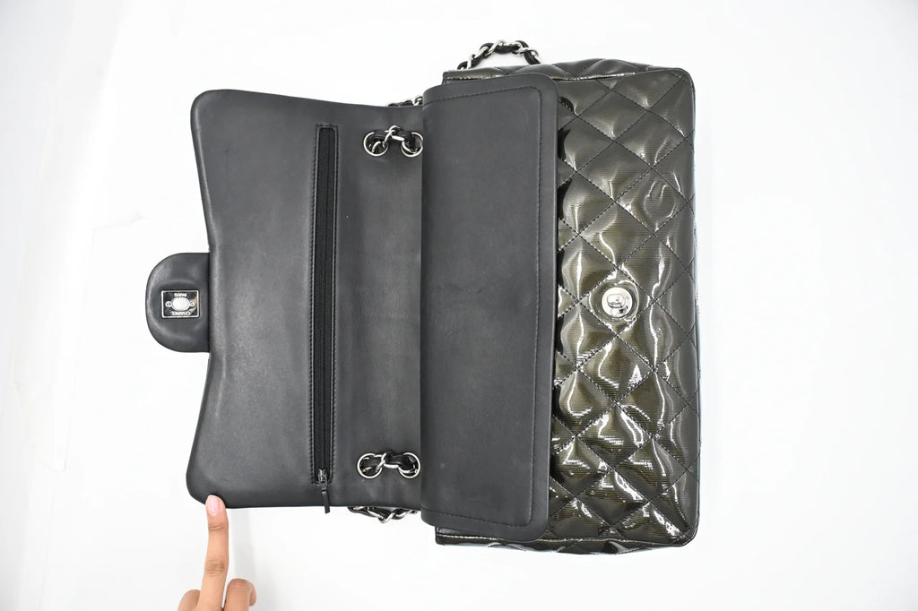 Chanel Jumbo Flap in Dark Green Striated Patent Leather