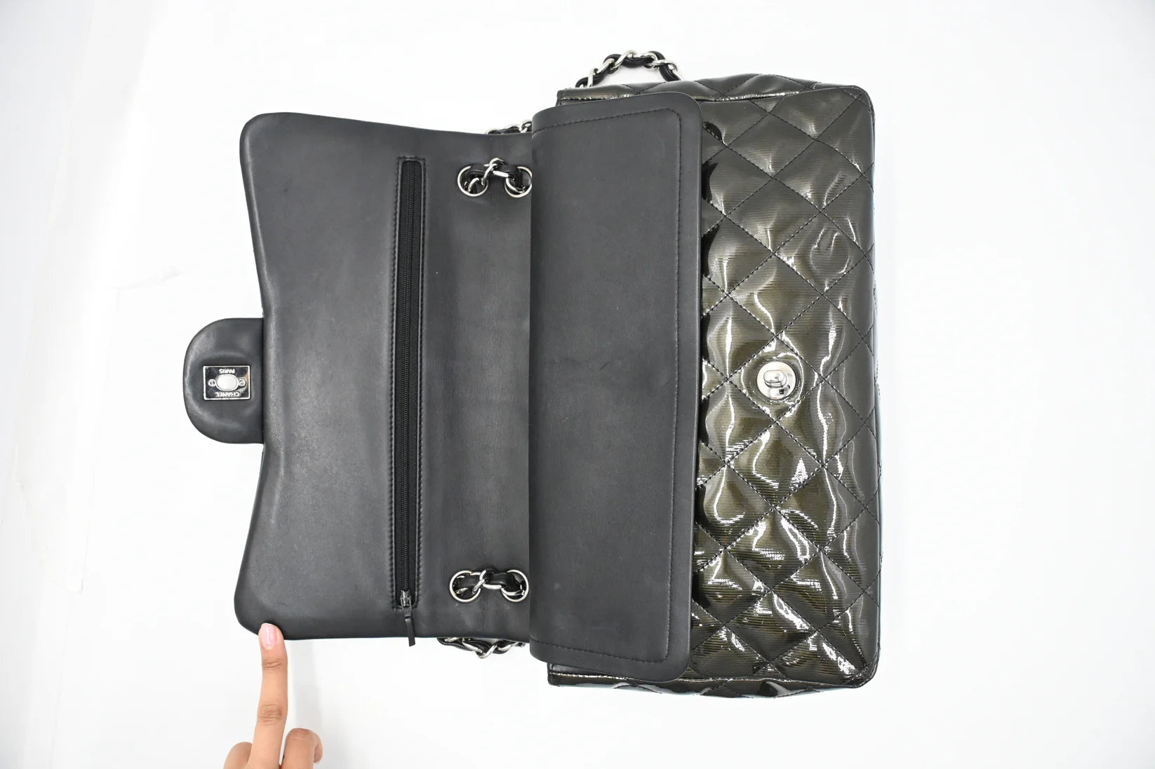 Chanel Jumbo Flap in Dark Green Striated Patent Leather