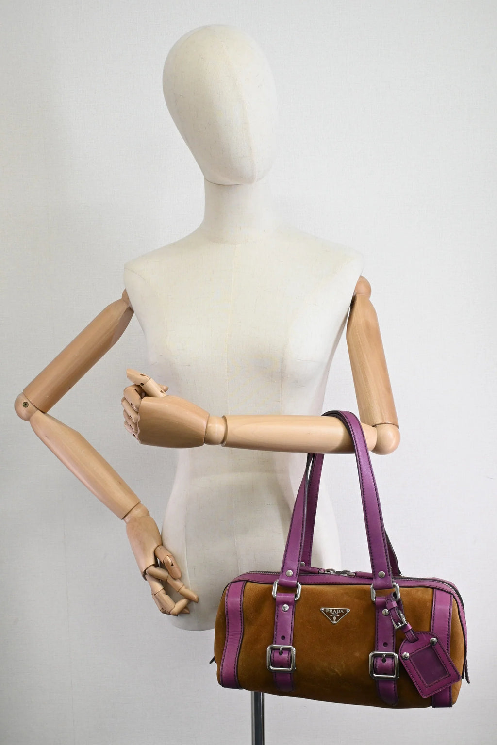 Prada Boston Bag in Brown Suede and Purple Leather
