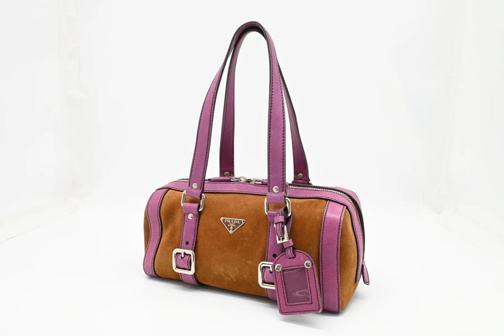 Prada Boston Bag in Brown Suede and Purple Leather