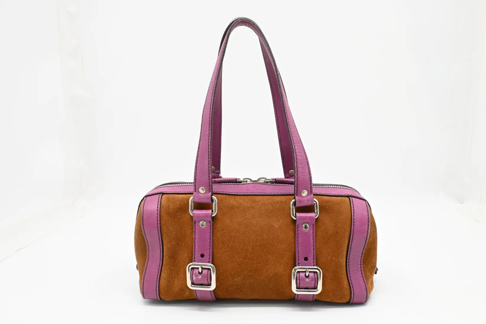 Prada Boston Bag in Brown Suede and Purple Leather