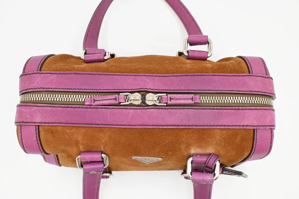 Prada Boston Bag in Brown Suede and Purple Leather