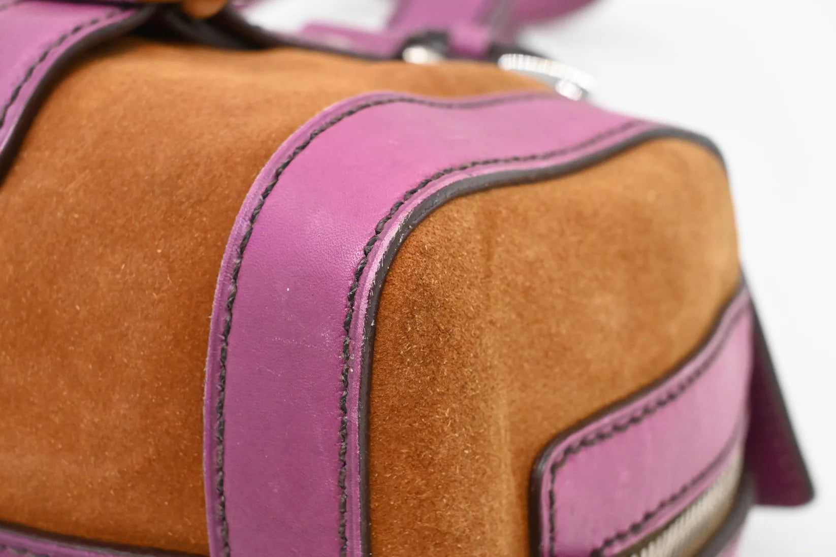 Prada Boston Bag in Brown Suede and Purple Leather