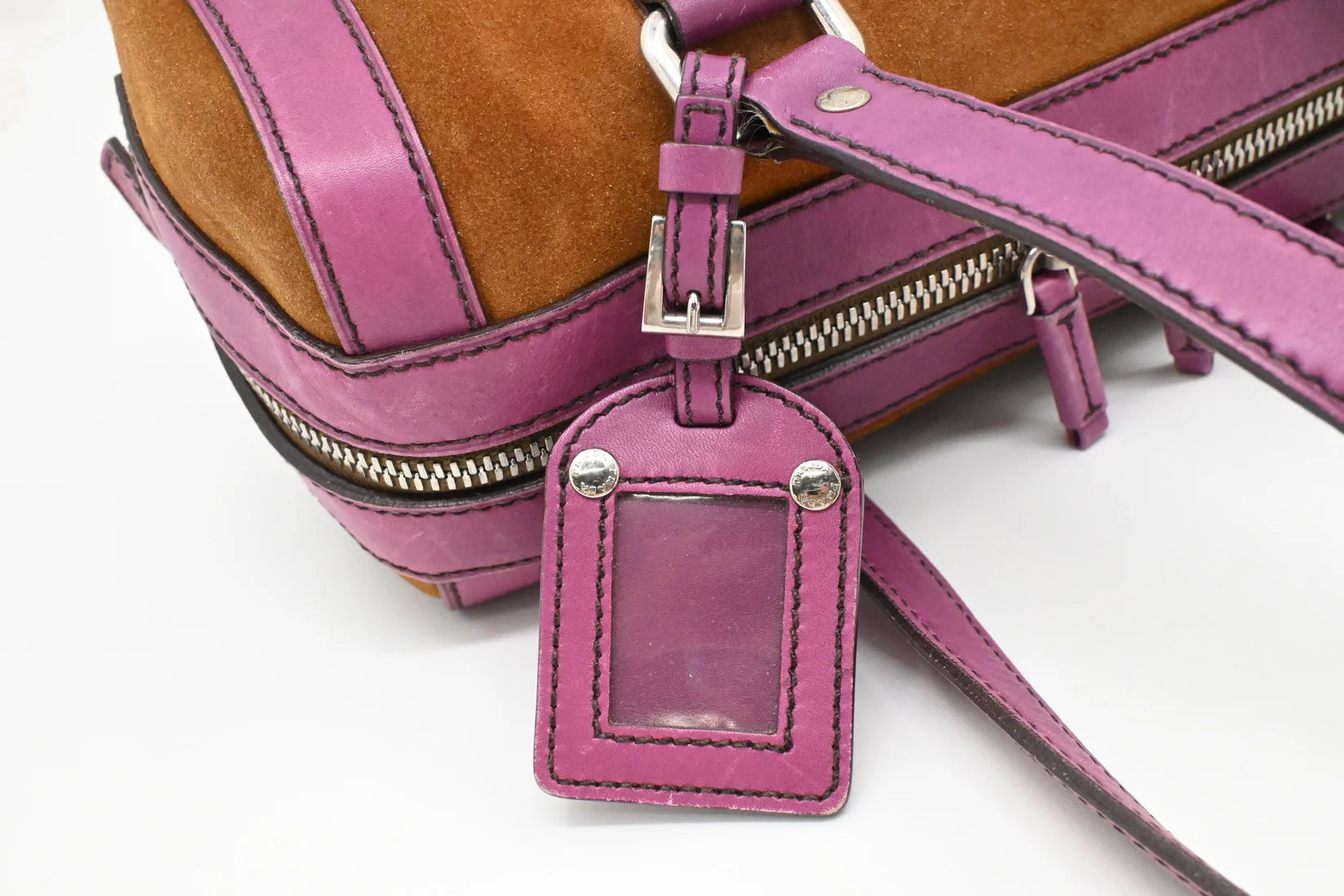 Prada Boston Bag in Brown Suede and Purple Leather