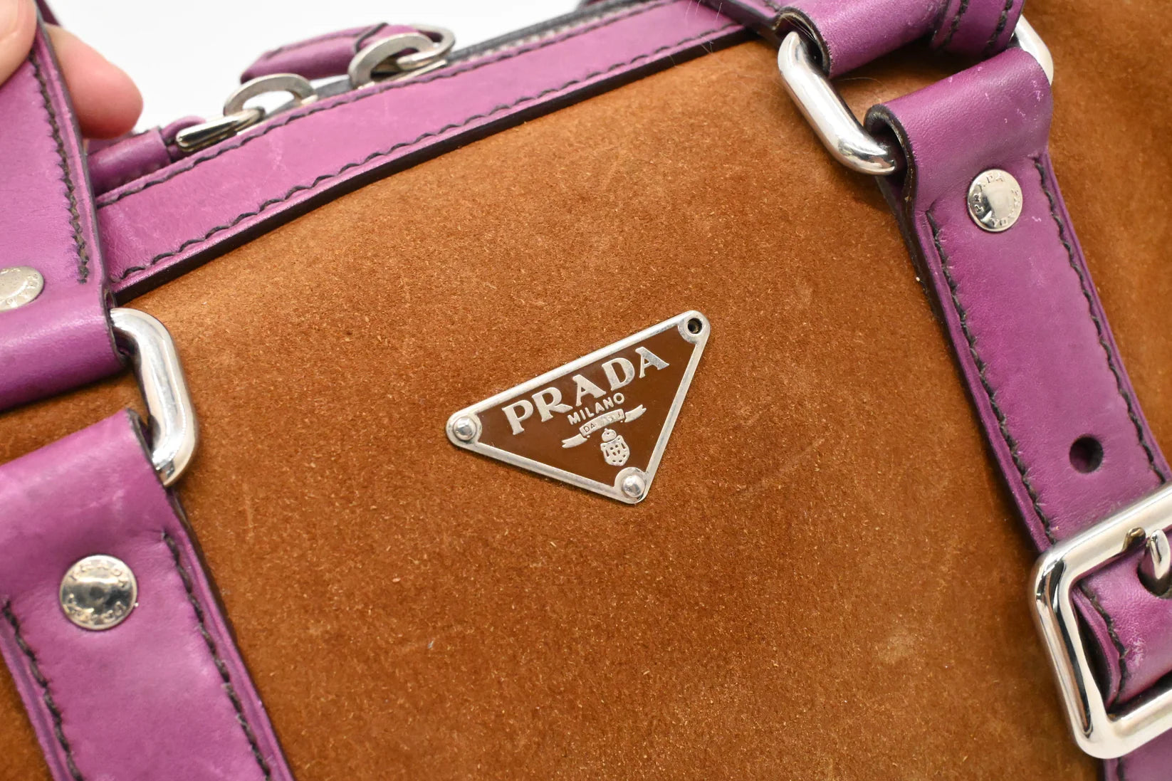 Prada Boston Bag in Brown Suede and Purple Leather