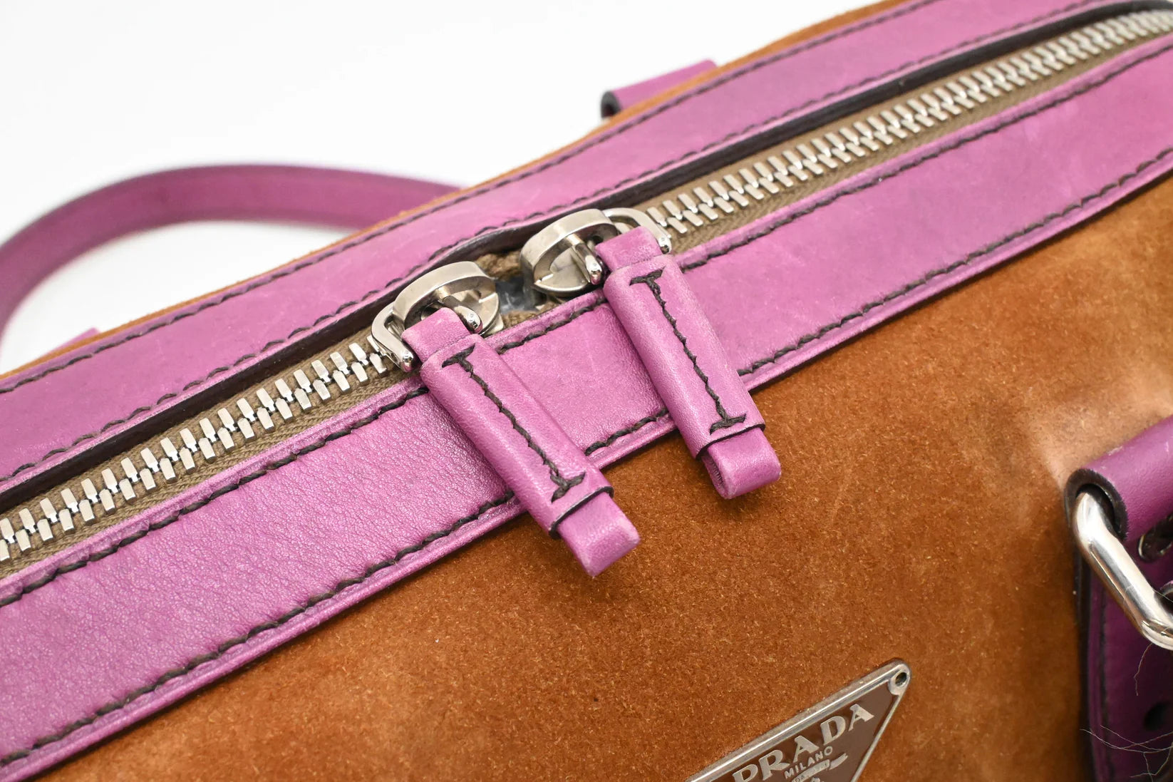 Prada Boston Bag in Brown Suede and Purple Leather